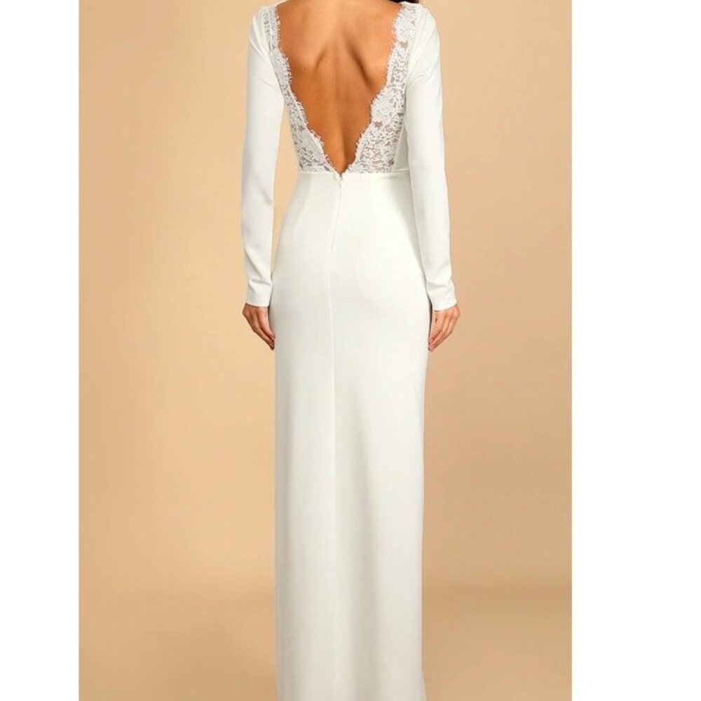 Lulus Romantic White Lace Trim Back Long Sleeve Bridal Wedding Dress Small NWOT - Picture 3 of 8